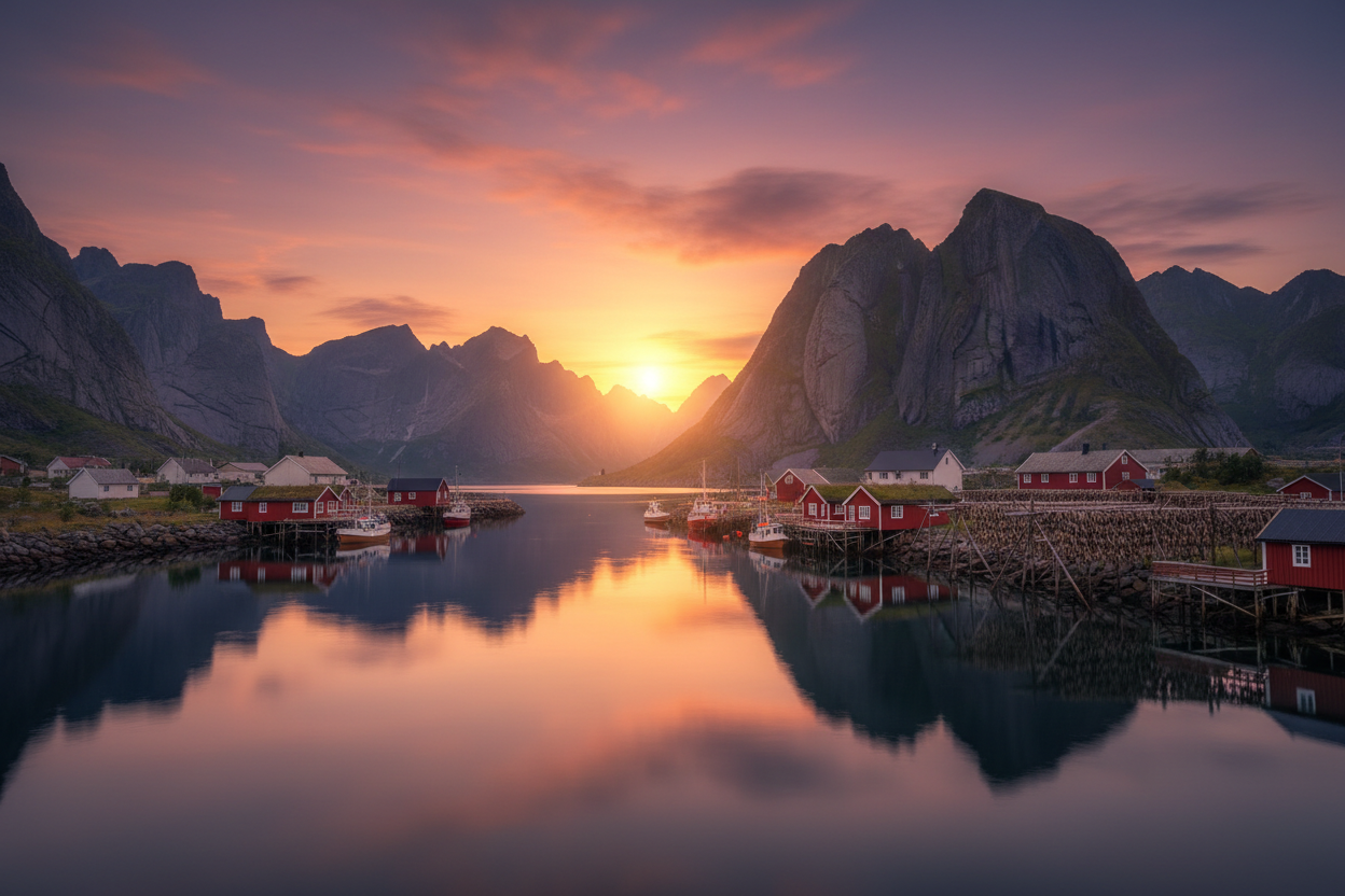 midnight sun in lofoten in a fishing village